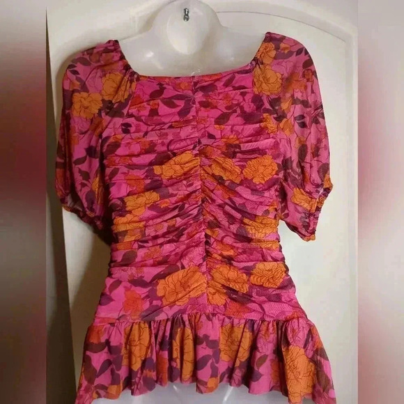 DR2 Vintage Floral Peplum Blouse Puff Sleeve Dark Academia Y2K Boho  (#850) - Picture 7 of 8